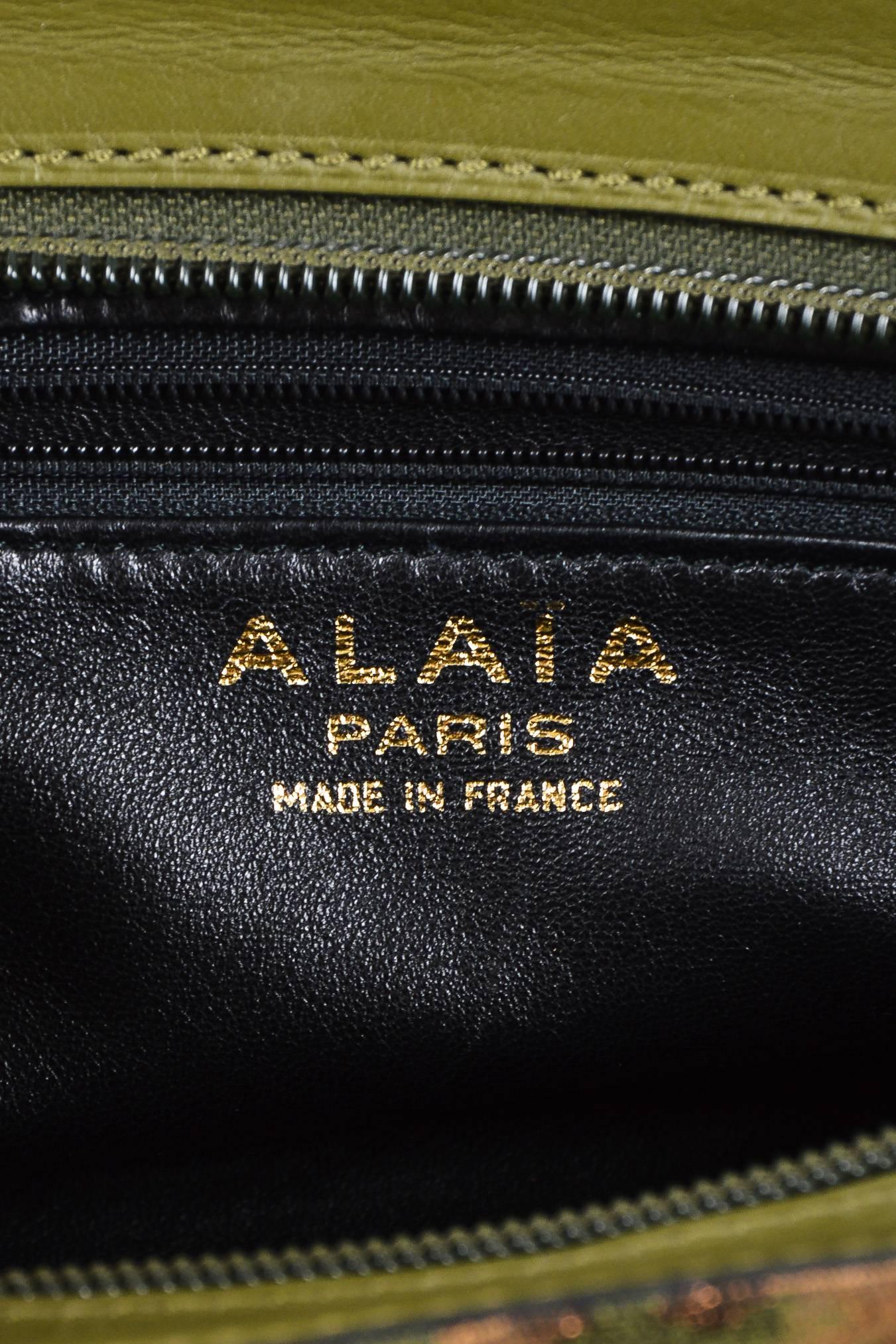Vintage Alaia Metallic Green Brown Bronze Canvas Camo Leather Trim Tote Bag For Sale 3