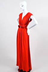 Valentino Runway 2006 Red Deep V Neck Crystal Bow Belt Finale SL Gown Size 8