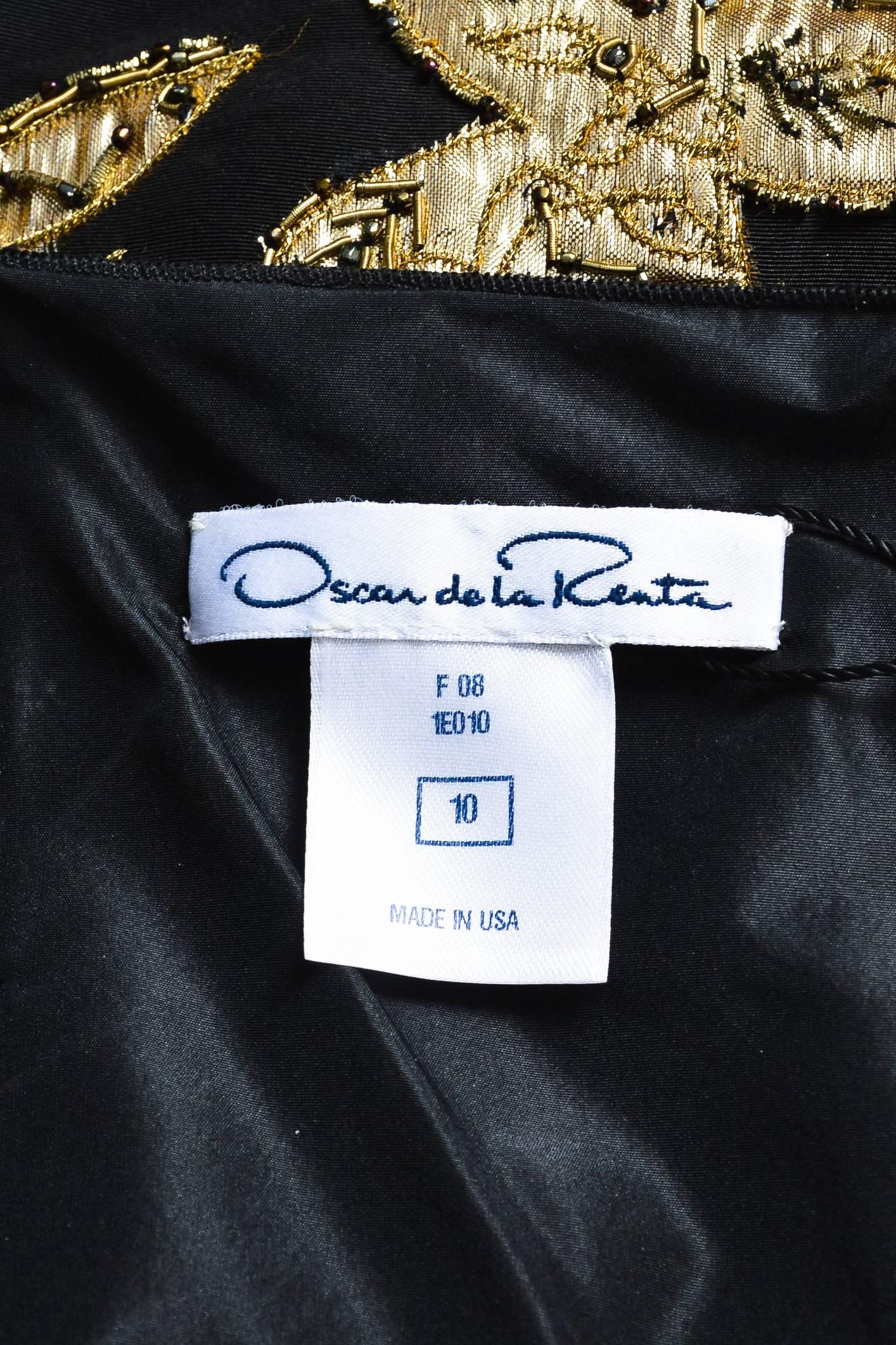 Women's Oscar de la Renta F08 Black & Metallic Gold Silk Beaded Applique Gown Size 10