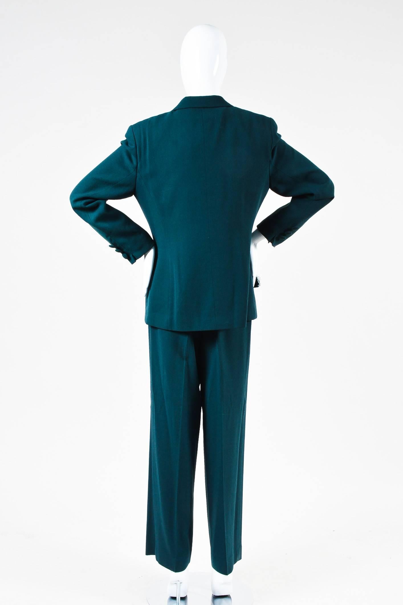 Vintage Christian Dior Forest Green Worsted Wool Fringe Trim Pants Suit Size 8 In Good Condition For Sale In Chicago, IL