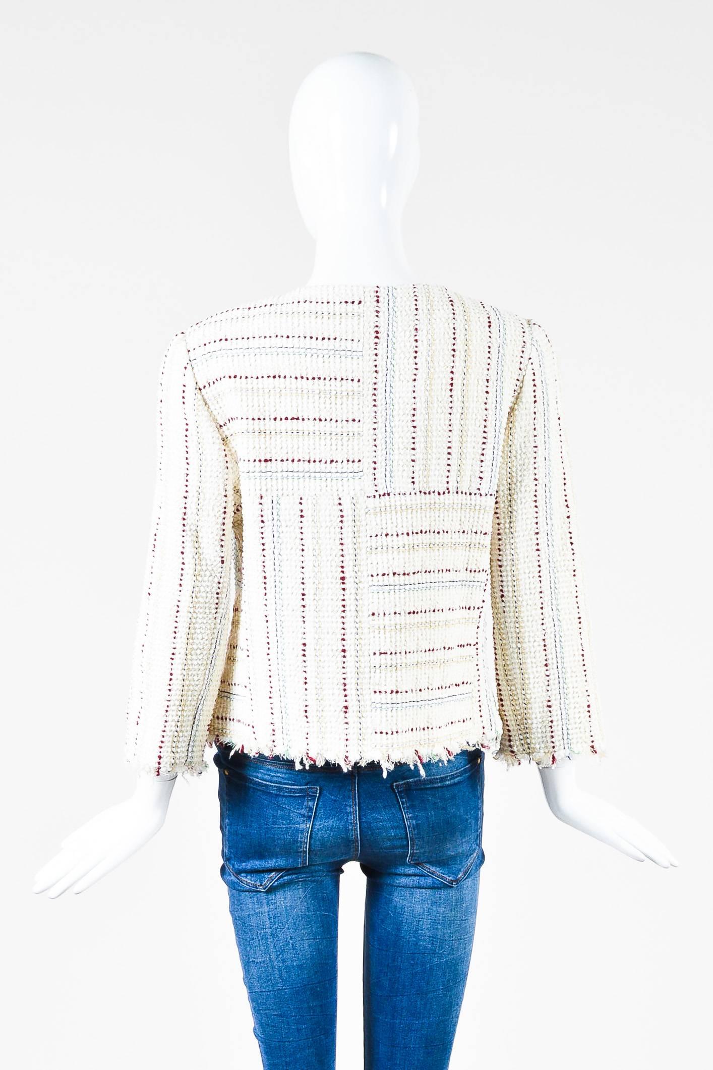 Gray Chanel 00C Ivory Multicolor Boucle Striped Fringe Zip Jacket Size 44 For Sale