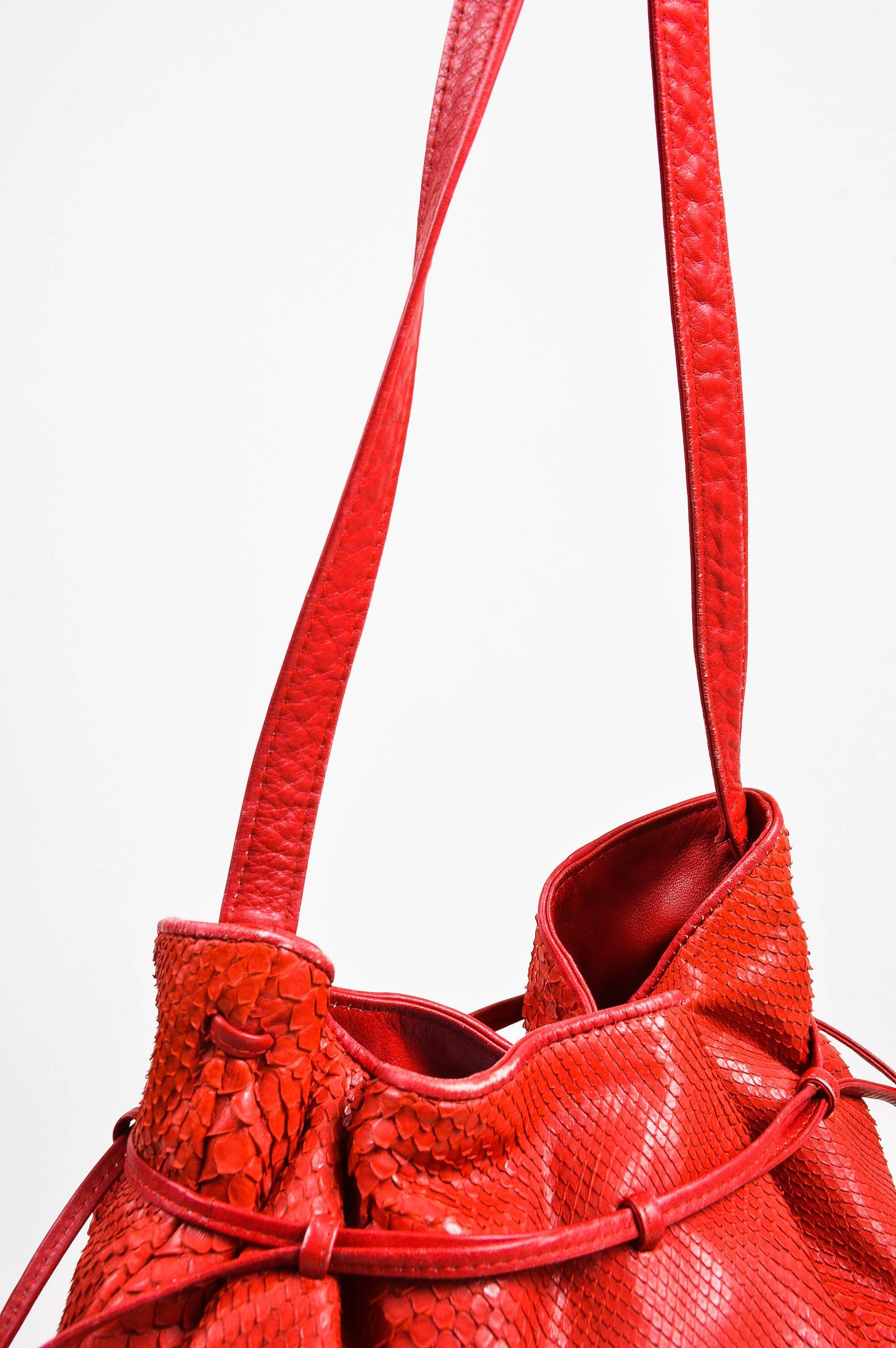 Bottega Veneta Red Snakeskin Leather Drawstring Tie Bucket Bag For Sale 1