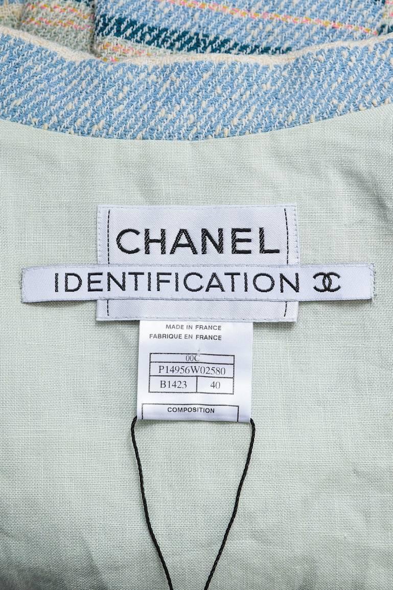 Women's Chanel Identification 00C Blue & Cream Wool Blend Tweed Striped Jacket SZ 10 For Sale