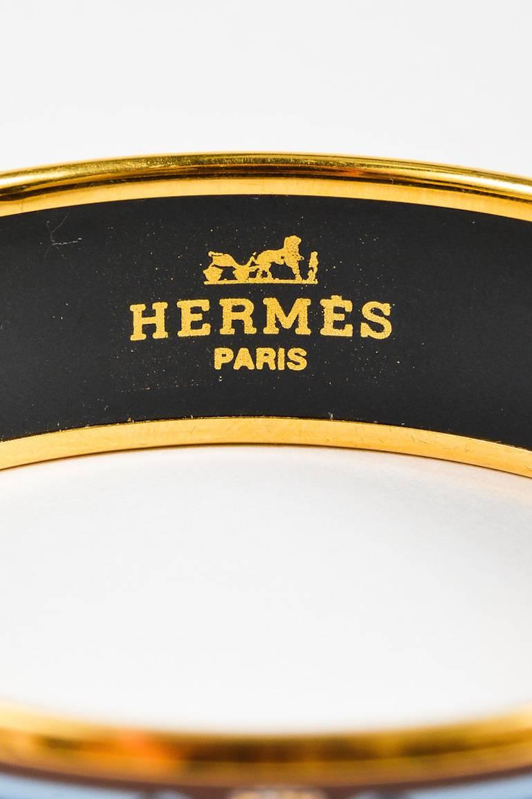 Hermes Beige Blue & Brown Enameled & Gold Plated Printed Bangle Size 65 For Sale 2
