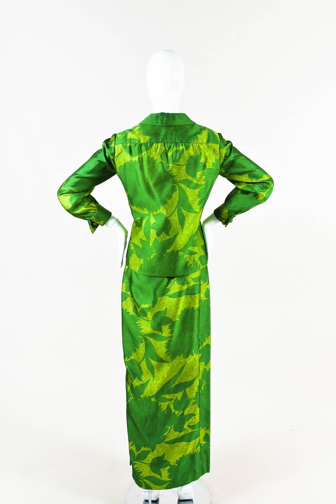 Mademoiselle Ricci by Nina Ricci Green Floral Printed LS Jacket and Dress Set In Good Condition For Sale In Chicago, IL