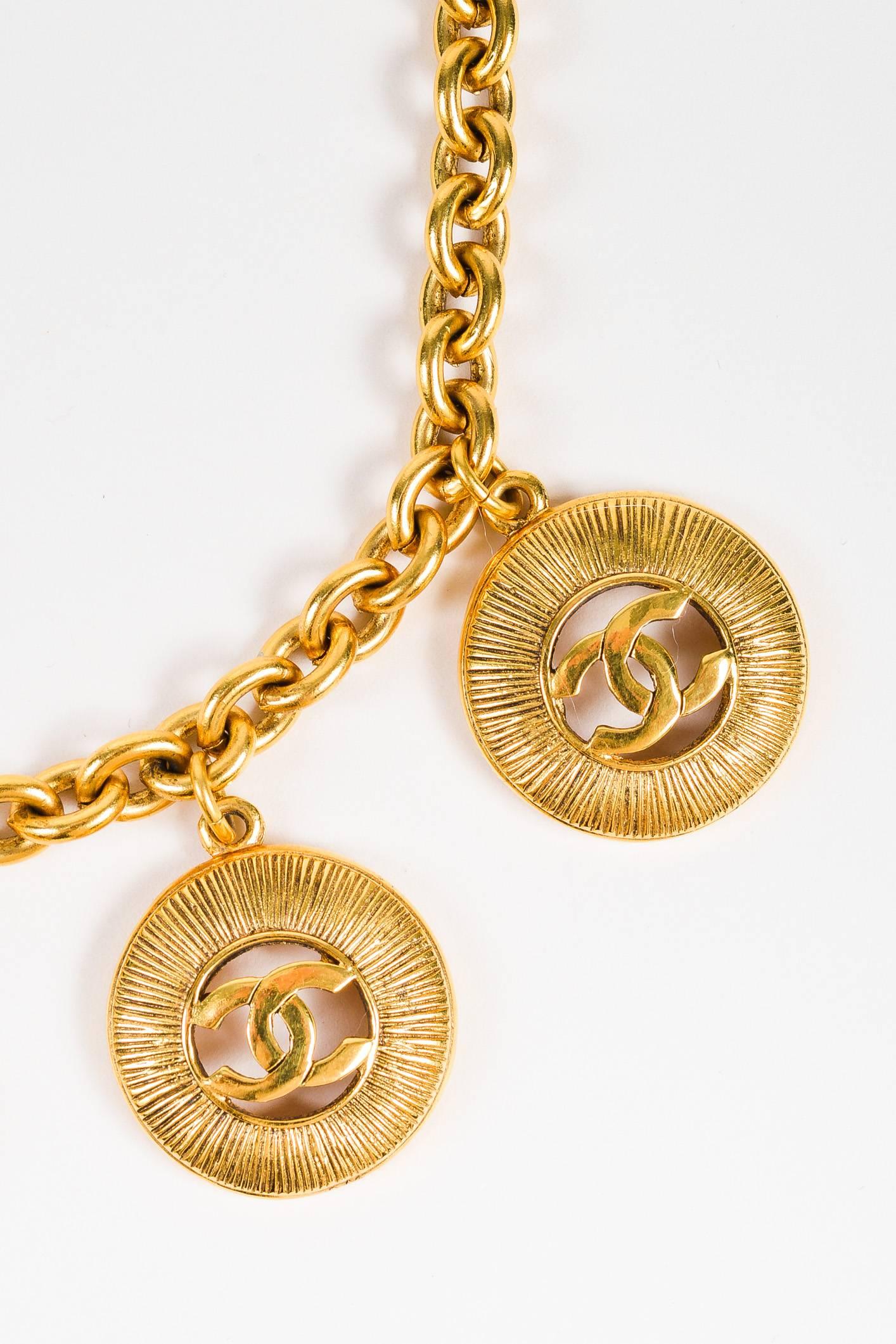 Women's Vintage Chanel Gold Tone Etched 'CC' Medallion Charm Pedant Necklace
