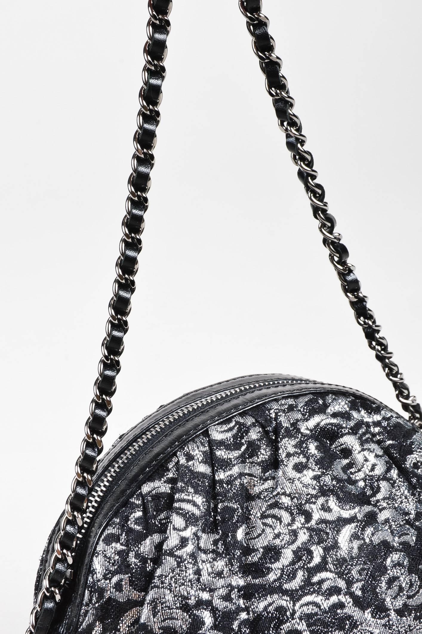 Women's Chanel Black Silver Metallic Camellia Flower Jacquard Silver Chain Pouch Bag For Sale