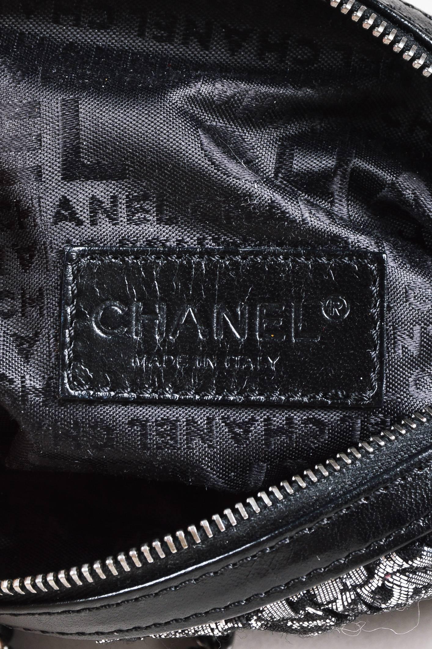 Chanel Black Silver Metallic Camellia Flower Jacquard Silver Chain Pouch Bag For Sale 2