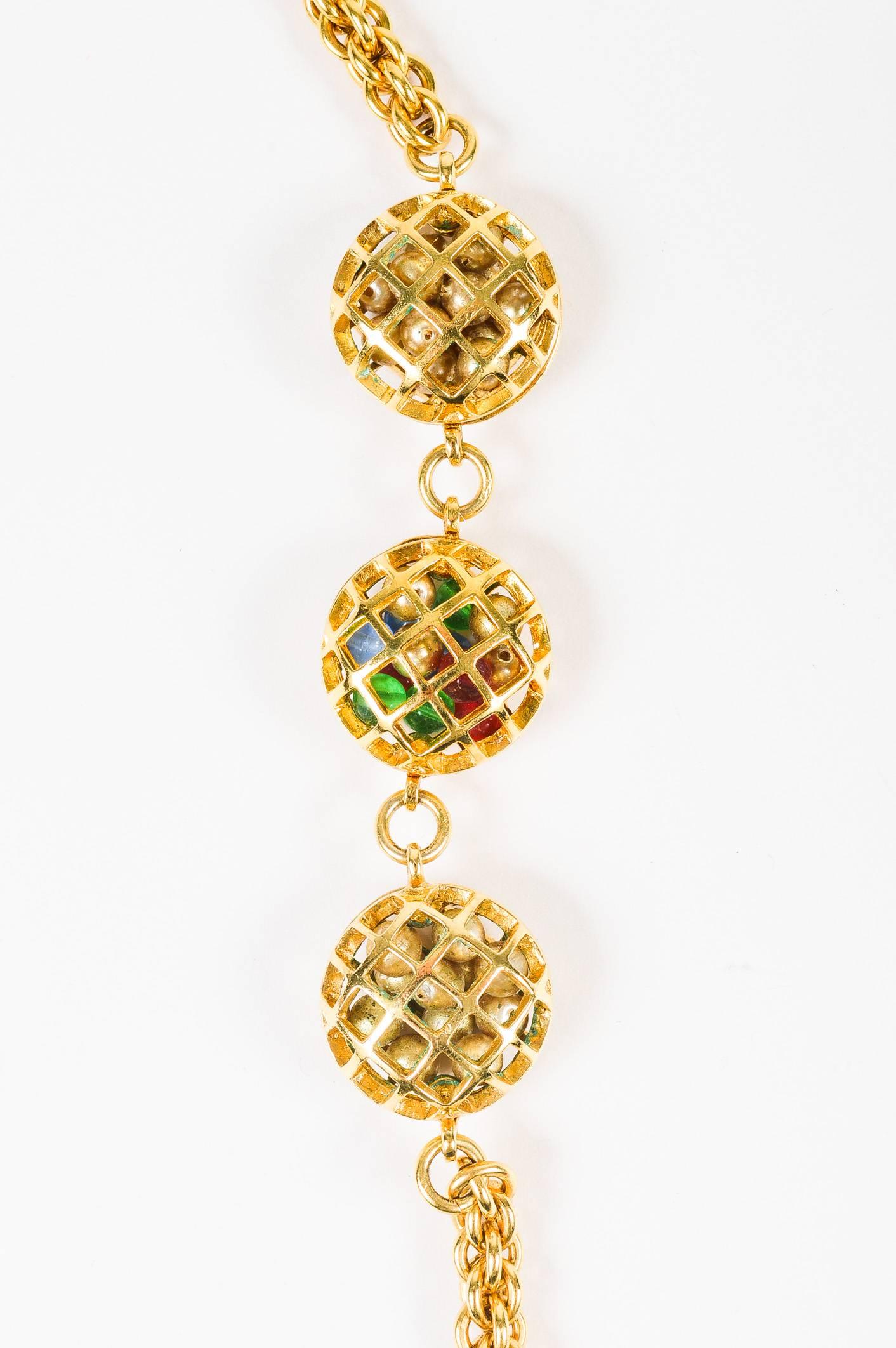Vintage Chanel Gold Tone Multicolor Caged Gripoix Chain Link Station Necklace In Good Condition For Sale In Chicago, IL