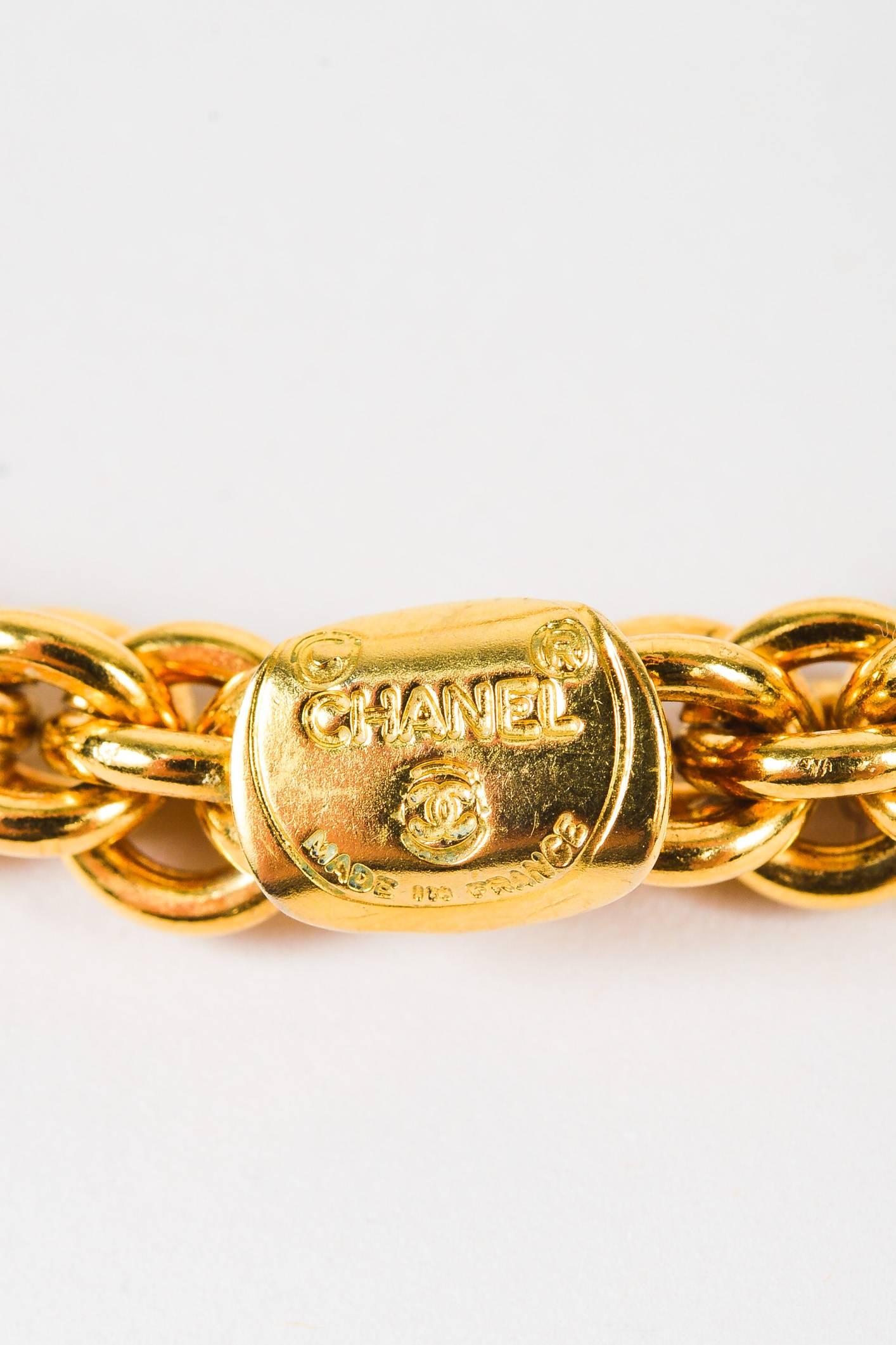 Vintage Chanel Gold Tone Multicolor Caged Gripoix Chain Link Station Necklace For Sale 1