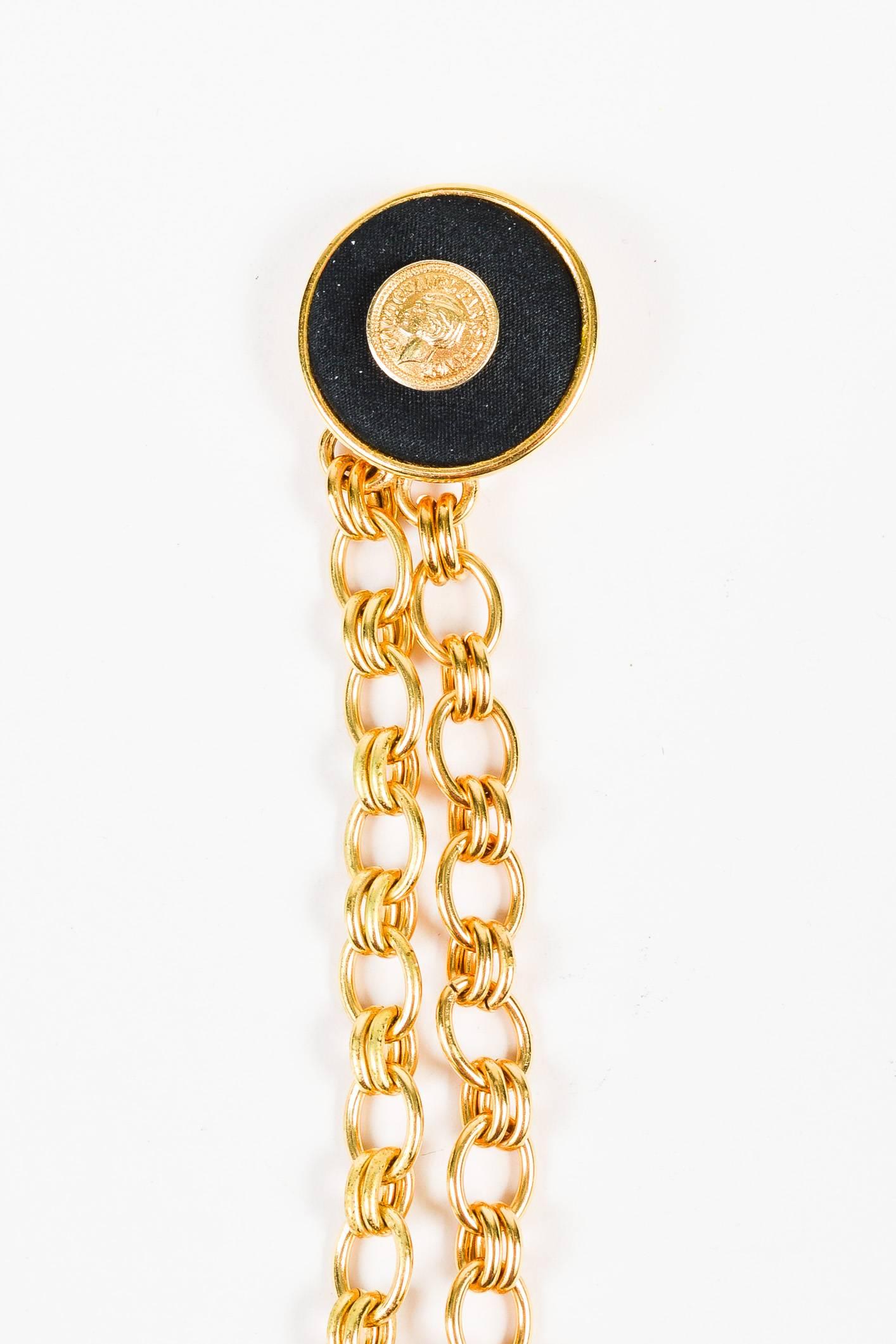 Vintage Chanel Gold Tone Black Satin Double Coco Medallion Chain Dangle Brooch In Good Condition In Chicago, IL