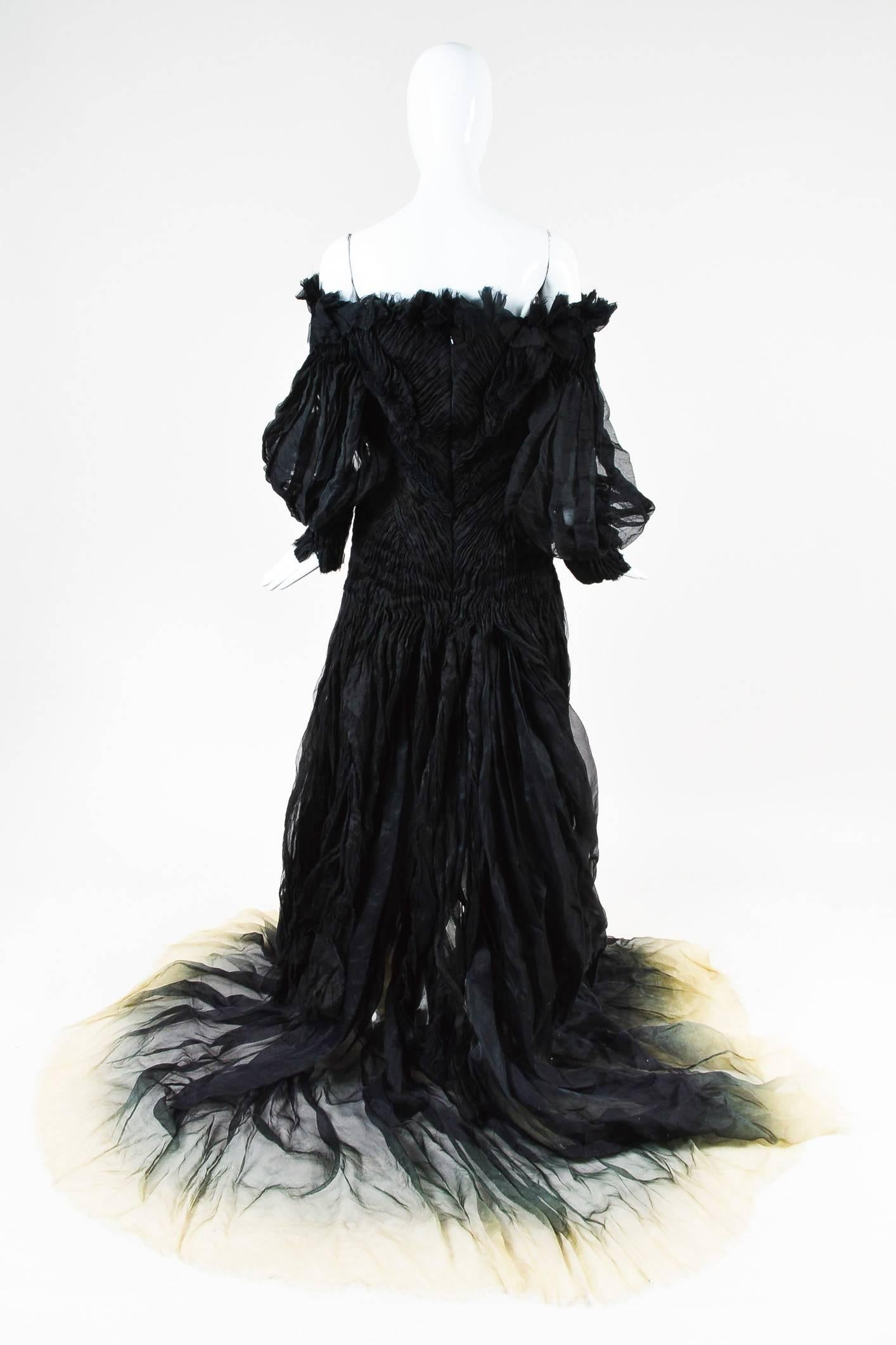 Alexander McQueen SS11 Runway Black Cream Silk Ombre Ruched Dress Gown SZ 44 In Good Condition For Sale In Chicago, IL