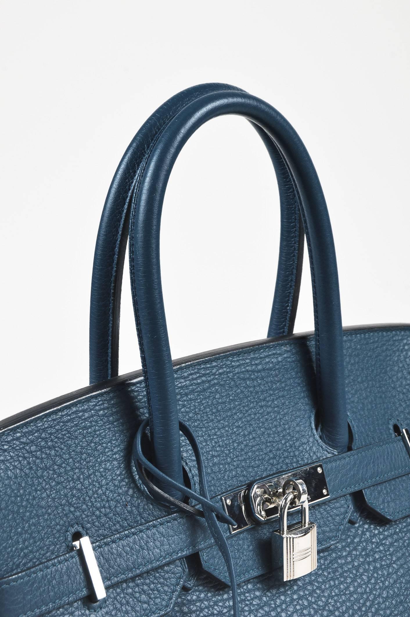 Women's or Men's Hermes Bleu Thalassa Clemence Leather Birkin 35 cm Bag For Sale