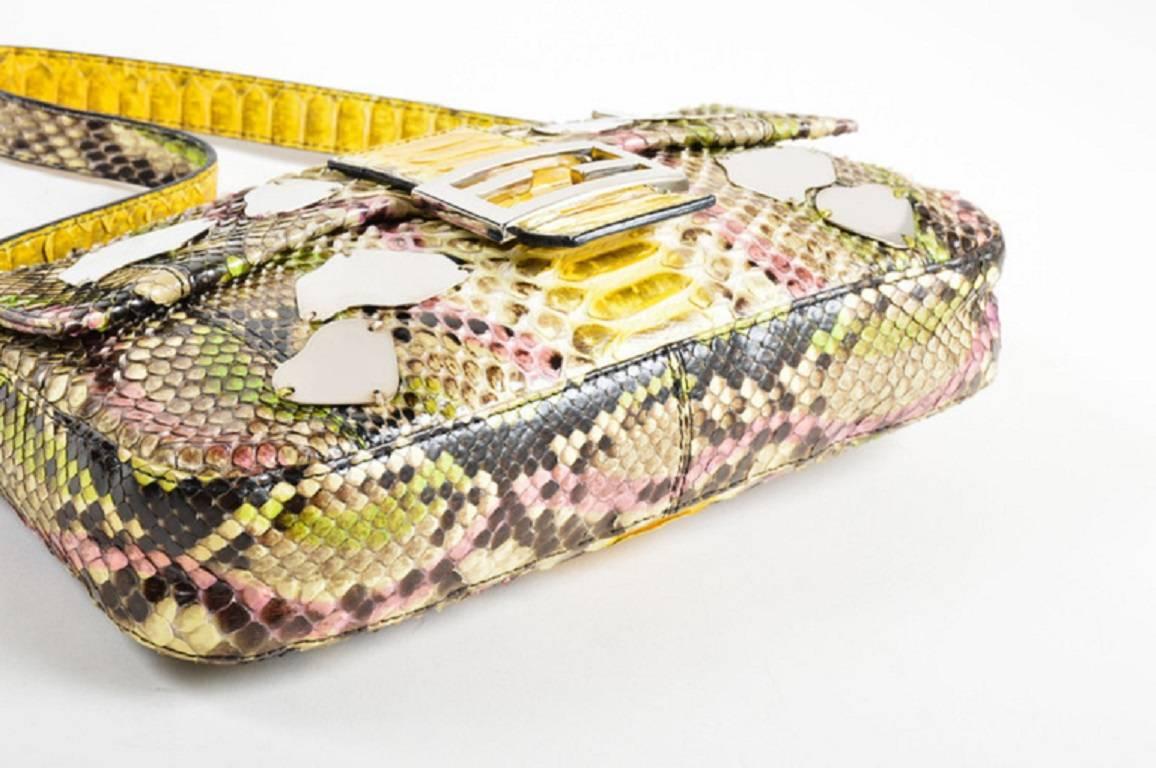 Color: Pink, Green, Black, Yellow, White
Style: Baguette
Made In: Italy
Fabric Content: Exterior: Snakeskin; Interior: Textile
Fabric Care: N/A

Item Specifics & Details: Comes with dust bag. Baguette bag. Multicolor python leather. Reflective