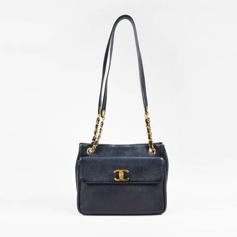 Vintage Chanel Black Caviar Leather Gold Tone Chain Link Shoulder Bag For Sale 5