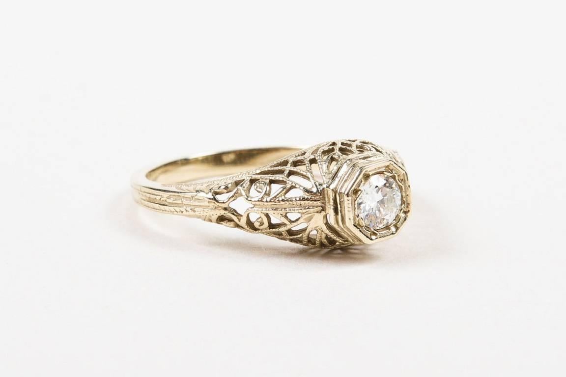 Color: Silver
Made In: Unknown.
Fabric Content: White Gold, Diamond

Item Specifics & Details: Vintage, Edwardian style engagement ring. Incorporating intricate details & a simple, yet stunning embellishment, this beautiful piece emulates