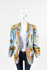 Vintage Hermes Blue Silk "Bateau a Vapeur de Jouffroy d'Abbans" Jacket SZ 44