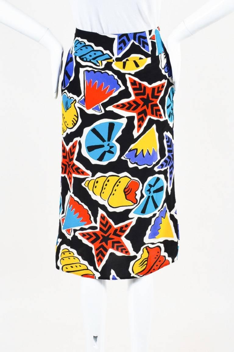 Black Vintage Karl Lagerfeld Multicolor Silk Seashell Printed Wrap Skirt SZ 42 For Sale