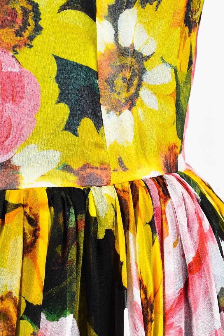 Dolce & Gabbana New w Tags Pink Black & Yellow Silk Floral Print LS Gown SZ 42 In New Condition For Sale In Chicago, IL