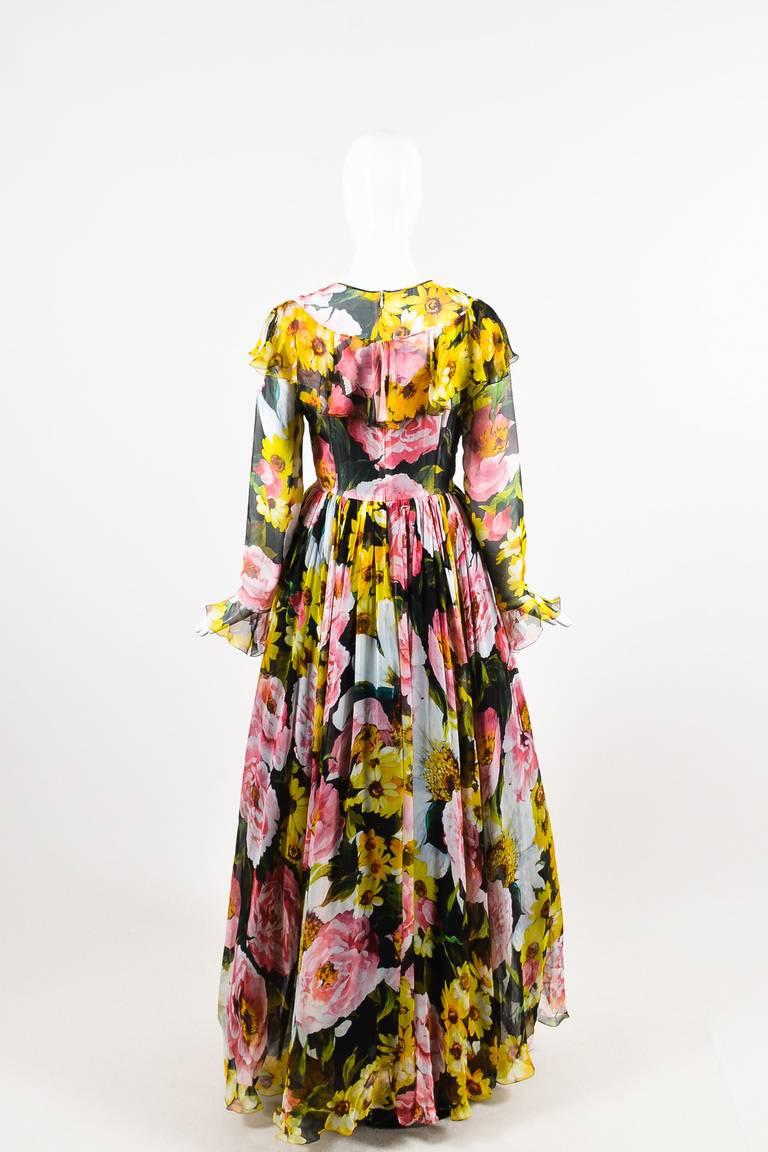 Beige Dolce & Gabbana New w Tags Pink Black & Yellow Silk Floral Print LS Gown SZ 42 For Sale