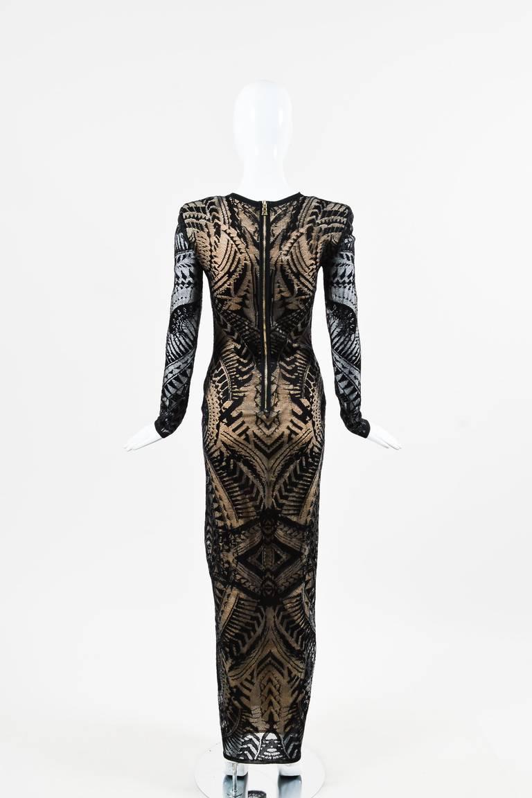 Balmain New with Tags Black & Beige Knit LS Tattoo Effect Maxi Gown SZ 40 In New Condition For Sale In Chicago, IL