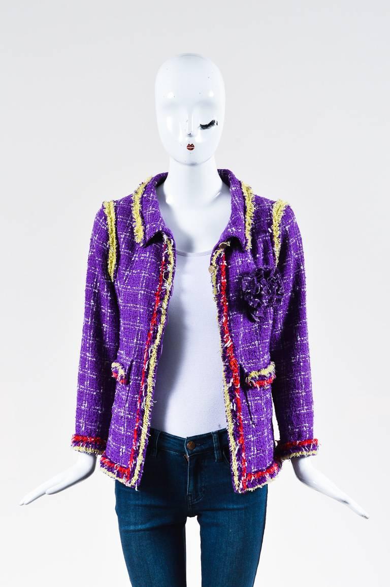Size: 42 (FR)
Color: Purple,Red,Yellow,
Made In: France
Fabric Content: Silk, Cotton, Rayon, Linen, Acrylic; Lining: Silk, Spandex

Item Specifics & Details: Purple, red, yellow, and white silk blend tweed collared blazer jacket from Chanel