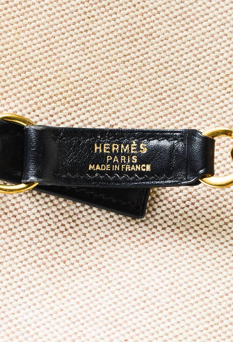 Vintage Hermes Beige Black Box Calf Leather Canvas Gold Hardware 
