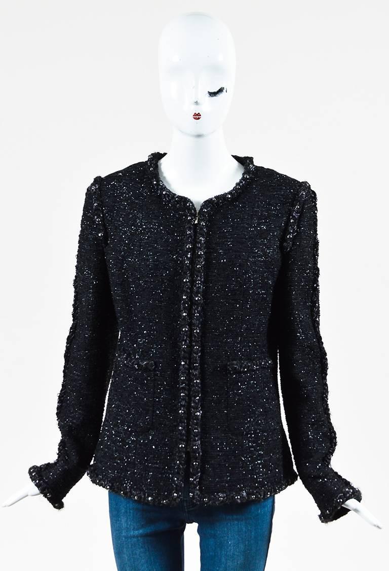 Size: 44 (FR)
Color: Black,Metallic,Silver,
Made In: France
Fabric Content: Exterior: Nylon, Wool, Silk, Lama; Lining: Silk

Item Specifics & Details: Complete your look with this sophisticated jacket rendered in a wool blend 