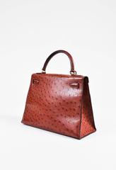 Vintage Hermes "Rouge H" Ostrich Gold Tone "Kelly Sellier 28" Top Handle Bag