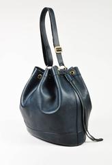 Vintage Hermes Navy Blue Grained Leather Drawstring "Market" Bucket Bag