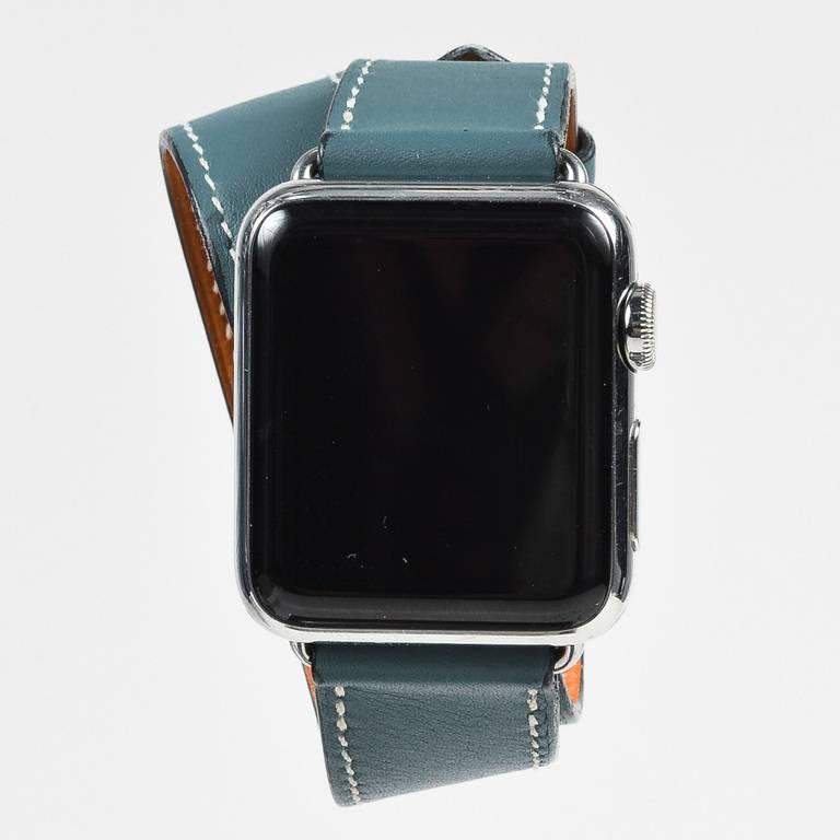 Hermes Blue Stainless Steel Leather Double Tour Apple Watch For Sale 3