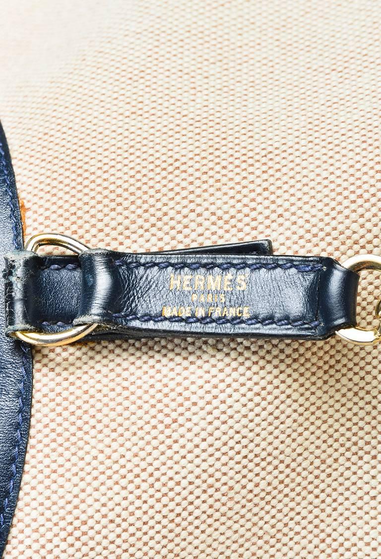 Vintage Hermes Beige Navy Box Calf Leather Canvas Gold Hardware 