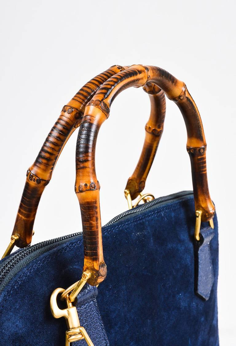 Women's or Men's Vintage Gucci Navy Blue Suede Leather Bamboo Handle Handbag For Sale