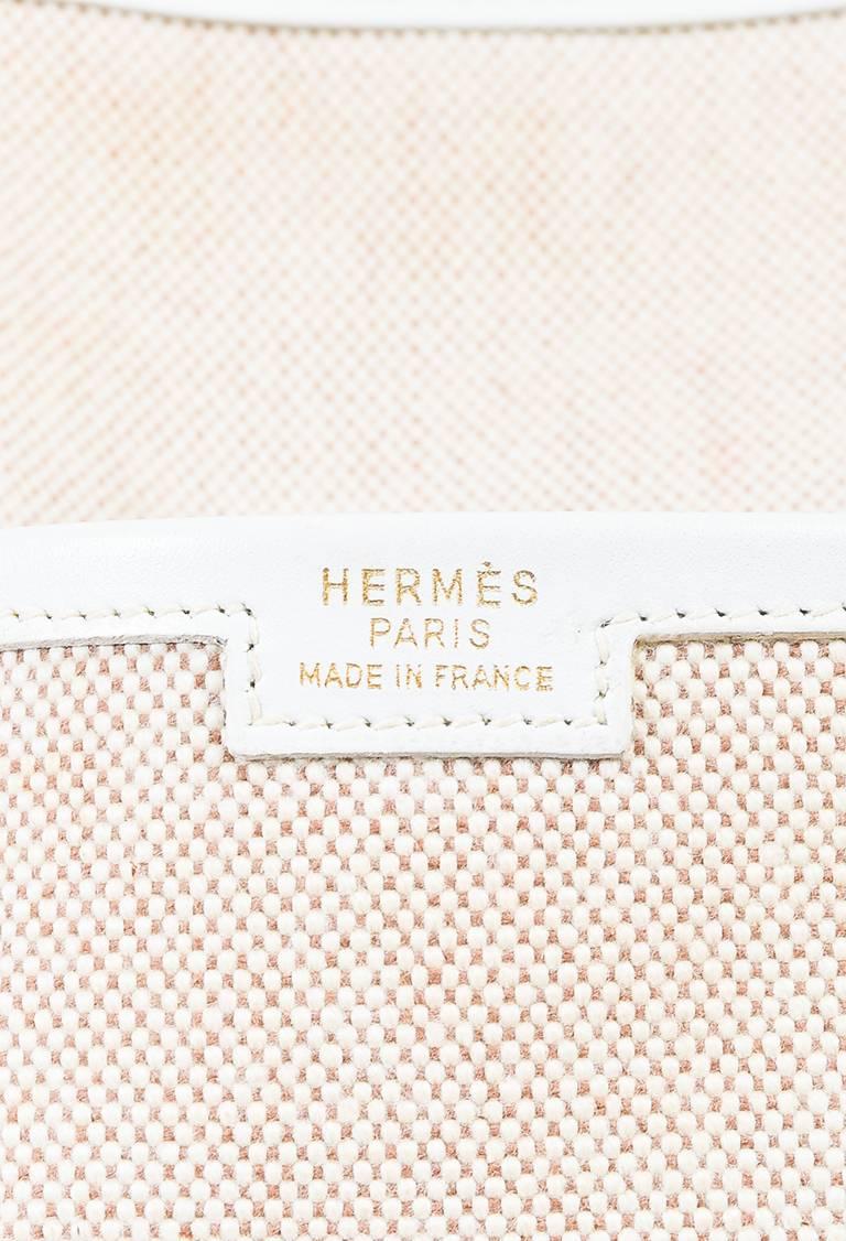 Vintage Hermes Beige & White Canvas Box Calf Leather Trim 