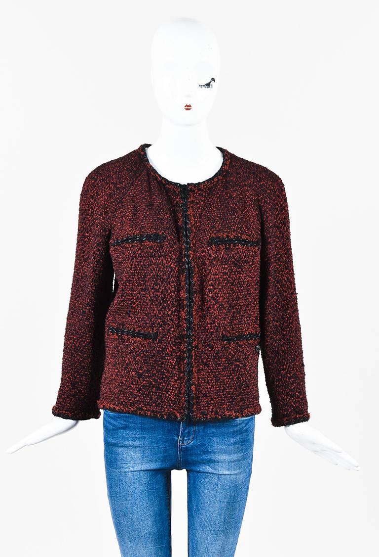 Size: 42 (FR)
Color: Black,Red,
Made In: France
Fabric Content: Exterior: Wool, Acrylic; Lining: Silk
Item Specifics & Details: Wool blend jacket featuring a tweed construction, four zipped front pockets, a signature chain trim at the interior