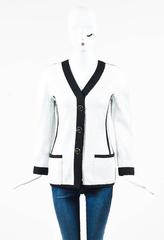 Vintage Chanel White Sequin Embellished Black Grosgrain Button Scuba Jacket