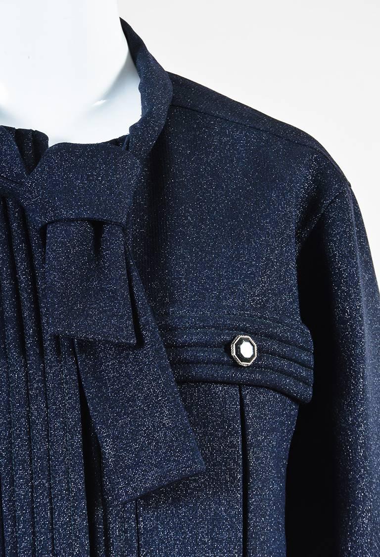 Black Chanel Metallic Navy Wool Blend Ribbed Trim Tie Neck LS Jacket SZ 42 For Sale