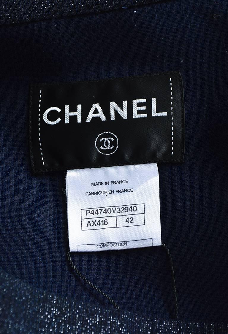Chanel Metallic Navy Wool Blend Ribbed Trim Tie Neck LS Jacket SZ 42 In Good Condition For Sale In Chicago, IL
