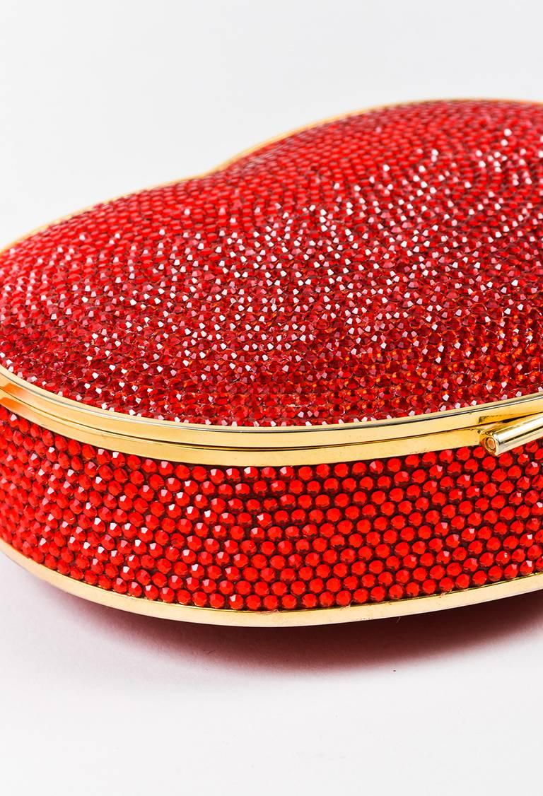 Women's Judith Leiber Red Gold Tone Crystal Embellished Heart Minaudiere Clutch Bag For Sale