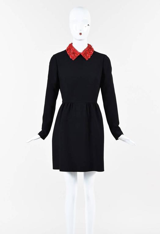 Valentino Runway Black Red Wool Floral Leather Collar Long Sleeve Dress ...
