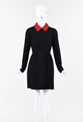 Valentino Runway Black Red Wool Floral Leather Collar Long Sleeve Dress