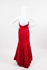 Anna Maier Couture Red Chiffon Rosette Beaded Strapless Sweetheart Mermaid Gown