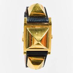 Vintage Hermes Black Lizard Leather Gold Plated Steel "Medor" Studded Watch