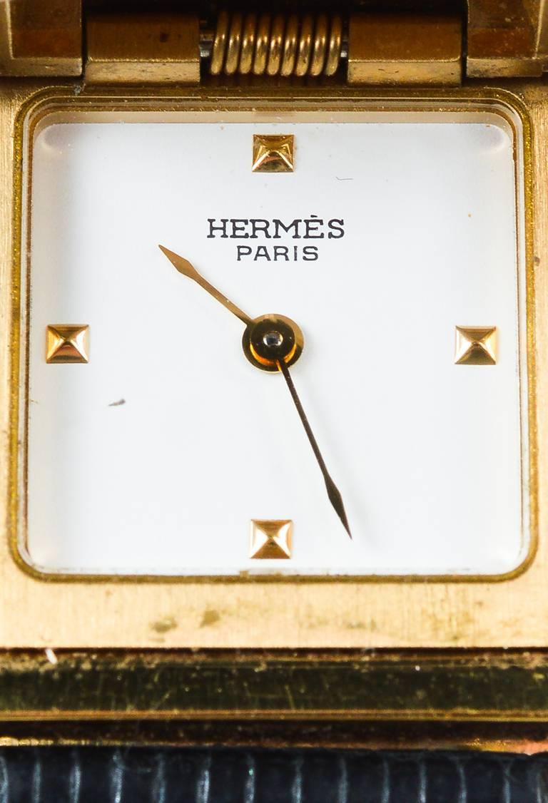 Vintage Hermes Black Lizard Leather Gold Plated Steel 