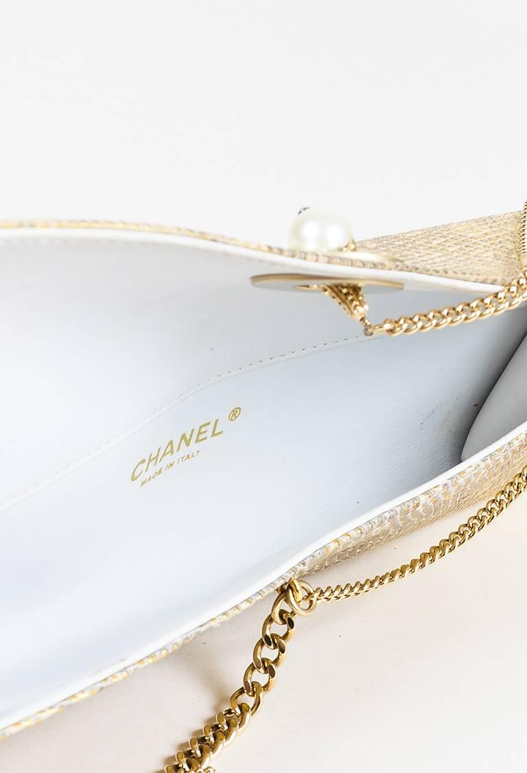 Chanel Metallic Gold Genuine Lizard Pearl Keychain Front Flap Clutch Bag For Sale 1