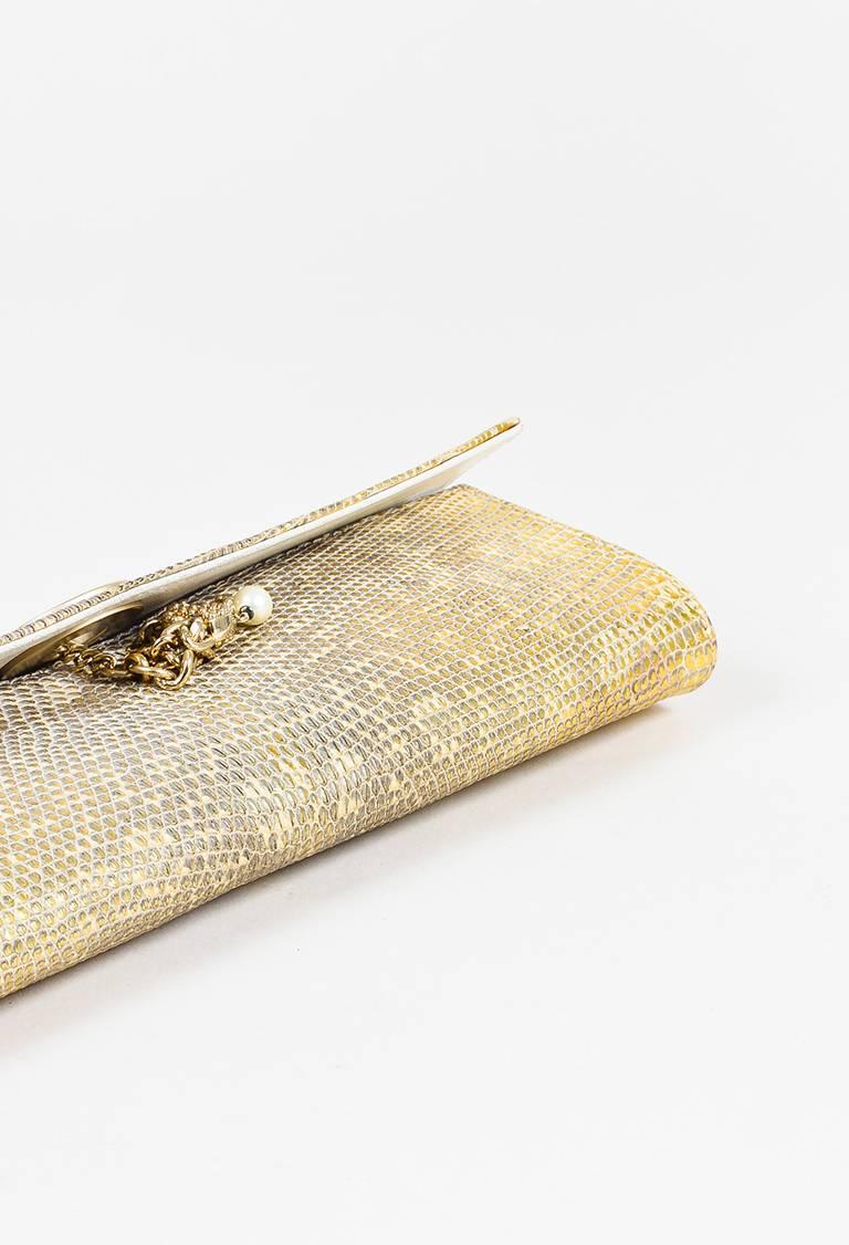 Chanel Metallic Gold Genuine Lizard Pearl Keychain Front Flap Clutch Bag In Good Condition For Sale In Chicago, IL
