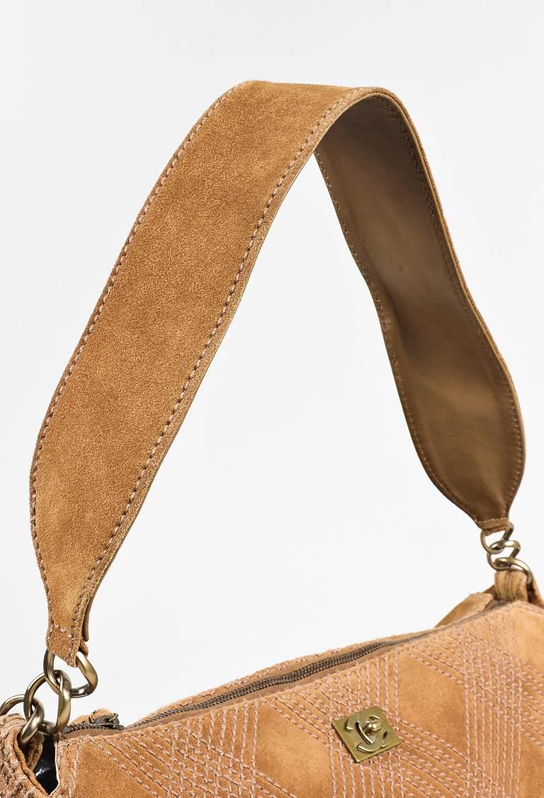 Chanel Camel Brown Suede Stitched Fringe Tassel East West Bag For Sale 1