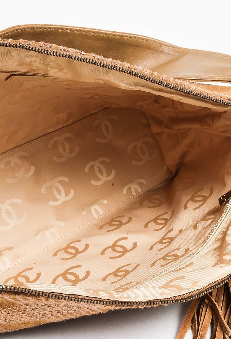 Chanel Camel Brown Suede Stitched Fringe Tassel East West Bag For Sale 2