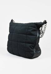 Chanel Black Nylon Leather Trim Square Quilted Chain Strap Zip Hobo Tote Bag
