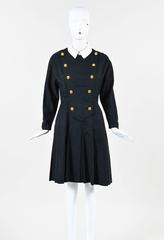 Vintage Chanel Boutique Black Gray & White Wool Clover Button Pleated Dress